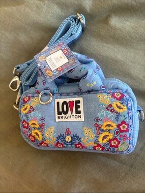 Brighton LOVE Floral Denim Crossbody Bag - Light Blue with Yellow & Red Accents